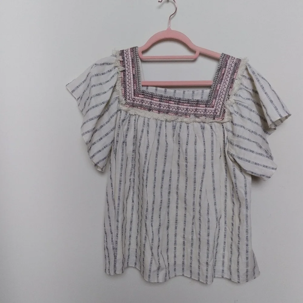 Anthropologie Lydia Striped Embroidered Blouse in Neutral Size Medium